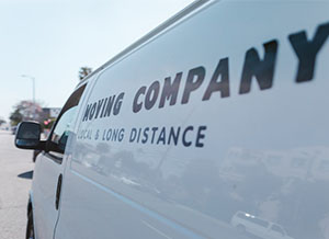 Close-up shot of a white moving van